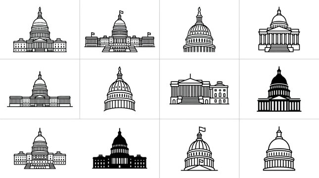 A collection of various government building icons in a simple black and white line art style