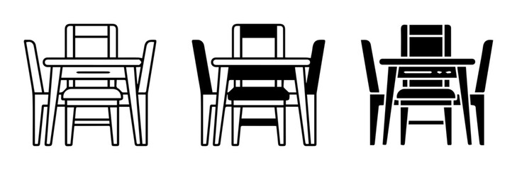 Fototapeta premium Dining table and chair sets, furniture icons, black line art, vector illustrations
