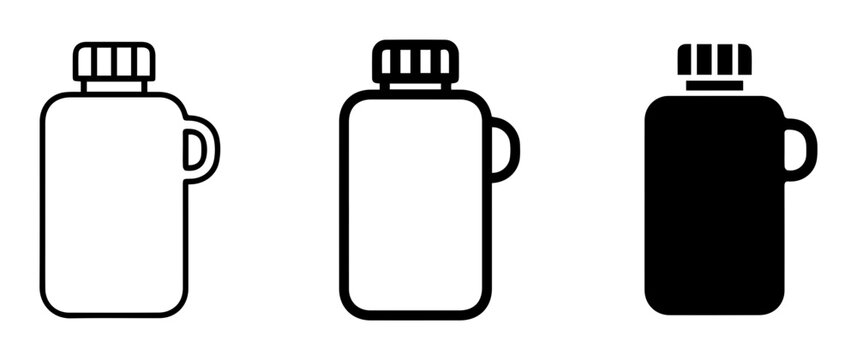 Thermos flask icons, black and white outline, vector graphics, thermos bottle set