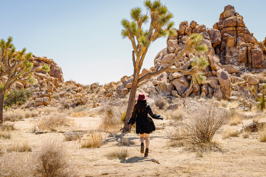woman in black dress and red hat modeling in Joshua Tree desert