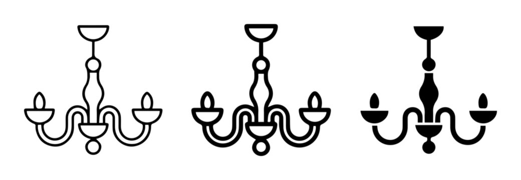 Chandelier icons, black and white, vector lighting fixtures, home decor symbols