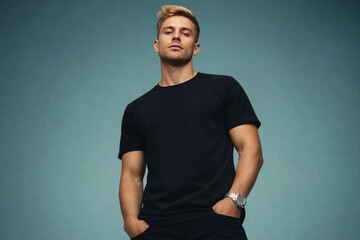 Fototapeta premium Confident man wearing black t-shirt.