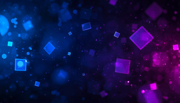 Glowing squares floating in dark space with blue and purple lights