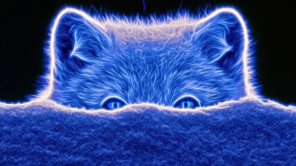 Naklejka premium Arctic fox looks over snowy ridge at night, only eyes and ears seen with bright blue and white neon glow against dark winter backdrop.