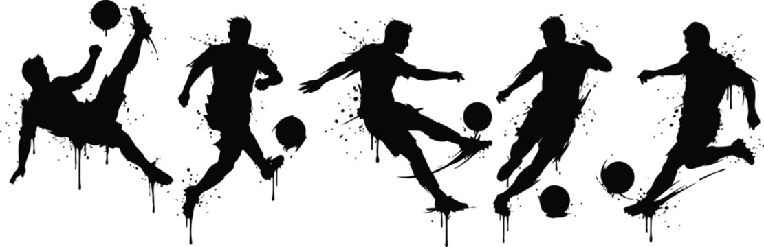 Black silhouettes of soccer players kicking balls