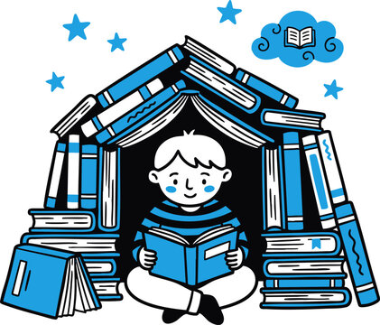 A young boy sitting inside a cozy fort made of books, reading a book with a dreamy expression, surrounded by stars and a book icon in a cloud, vector illustration