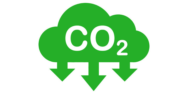 Green co2 carbon dioxide cloud icon with downward arrows representing carbon sequestration or reduction isolated on transparent background