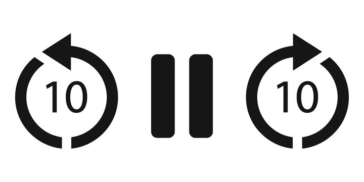 Media player control buttons, rewind 10 seconds, pause, and fast forward 10 seconds icons isolated on transparent background