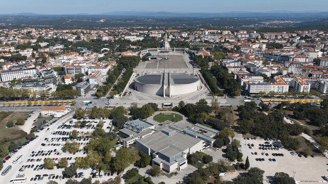Fatima, Santarem, Portugal - 25 June 2026: Aerial view of the Sanctuary of Our Lady of Fatima, featuring the Basilica of the Most Holy Trinity and the vast prayer square.