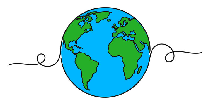 Continuous line drawing of the earth globe, vector illustration of planet earth isolated on transparent background