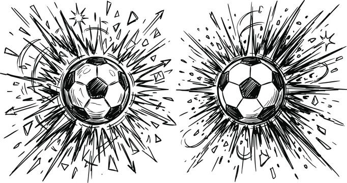 Black and white soccer balls with dynamic explosion lines