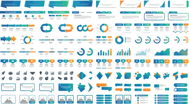 Comprehensive business infographic mega bundle featuring workflow charts data diagrams corporate icons and web presentation layouts for commercial reporting and marketing