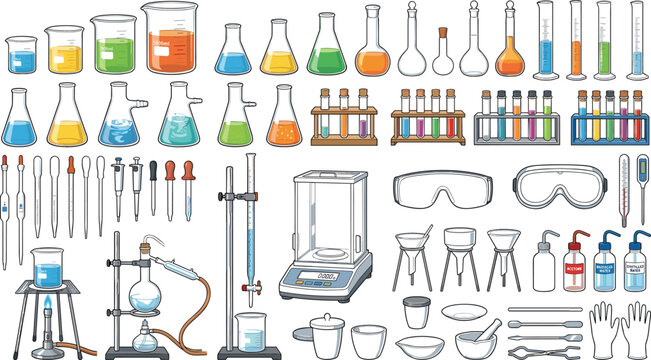 Comprehensive laboratory glassware and science equipment mega bundle featuring beakers flasks test tubes burner and scale for commercial education research and branding layouts
