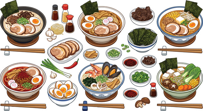 Comprehensive Japanese ramen mega bundle featuring authentic noodle bowls toppings ingredients and chopsticks for commercial restaurant menu design
