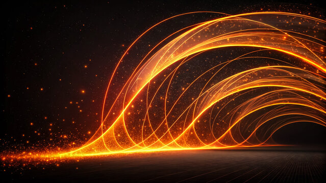 Glowing orange light trails arc across dark background