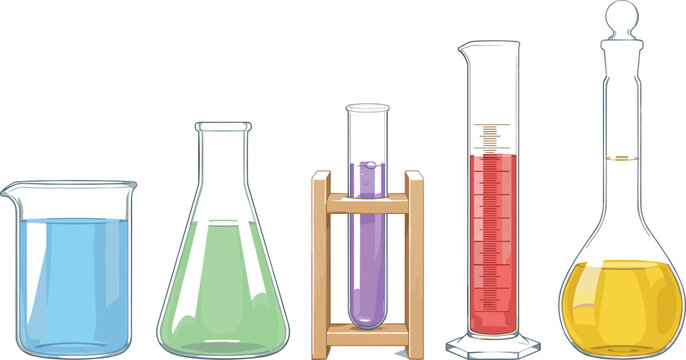 Laboratory glassware set with colorful chemical liquids including beaker erlenmeyer flask test tube graduated cylinder and volumetric flask for science education and research