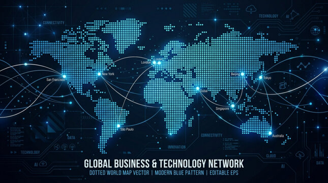 Global business and technology network with dotted world map
