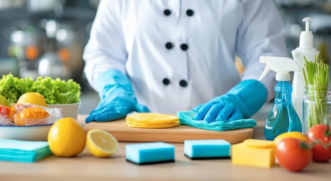 a chef in a white coat and blue gloves is preparing food on a wooden cutting board with cleaning sup