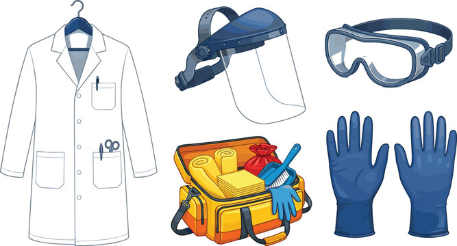 Laboratory safety equipment and personal protective suit gear set featuring lab coat face shield goggles nitrile gloves and spill cleanup kit for hazard protection compliance