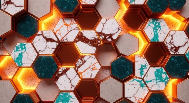Hexagonal tiles with marble patterns and glowing orange edges seamless geometric background for design and decoration