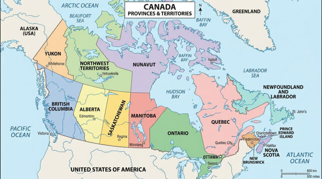 Canada provinces and territories map with labeled regions