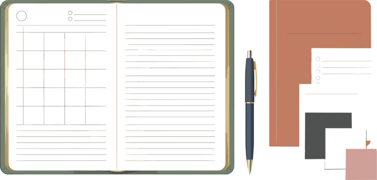 Minimalist open notebook planner mockup set featuring monthly calendar grid lined pages pen and stationery cards for business schedule organization layouts