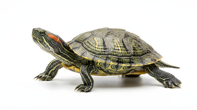 Red-eared slider turtle in side profile isolated on white background