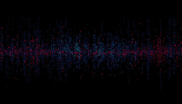 Glowing Digital Waveform on Black Background with Blue and Red Lights