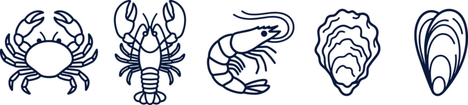 Minimalist seafood line icon set featuring crab lobster shrimp oyster and mussel for commercial restaurant branding graphic design menu and marketing layouts