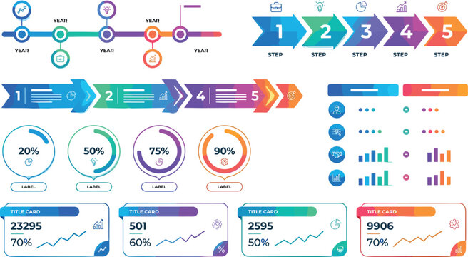 Modern business infographic template element kit featuring timeline charts step processes data widgets and kpi cards for corporate report presentation design