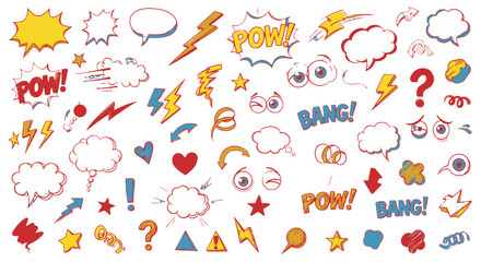 Collection of colorful comic elements, including speech bubbles, sound effects like 'POW!' and 'BANG!', stars, hearts, and lightning bolts on an isolated white background. © Grangger