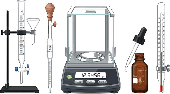 Professional laboratory equipment set featuring analytical balance burette stand pipette bottle dropper and thermometer for chemistry education research and scientific analysis