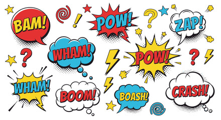 Energetic Comic Book Speech Bubbles with Sound Effects and Exclamations on White Background © Grangger