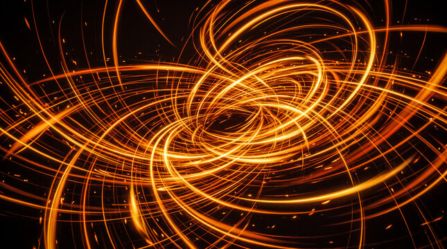 Glowing orange light trails swirling in darkness
