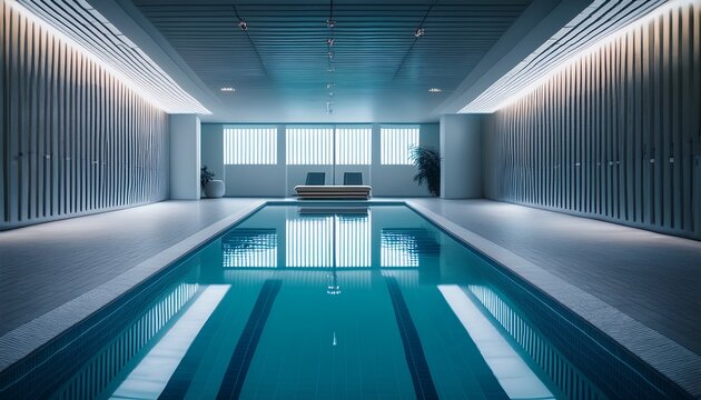 empty indoor swimming pool with cold cinematic lighting symmetrical hall of wellness center with reflection on water minimalist liminal space background