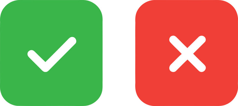 Green check mark and red cross icon vector illustration on squared buttons for system interface.