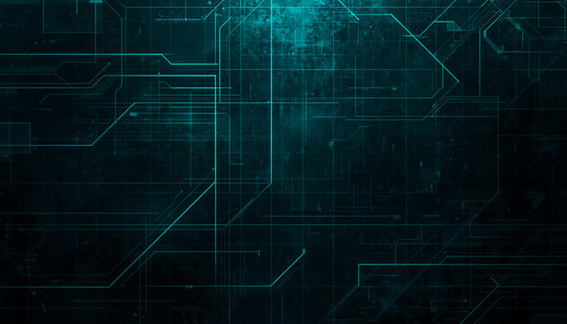 Glowing blue circuit board lines on dark background, technology concept
