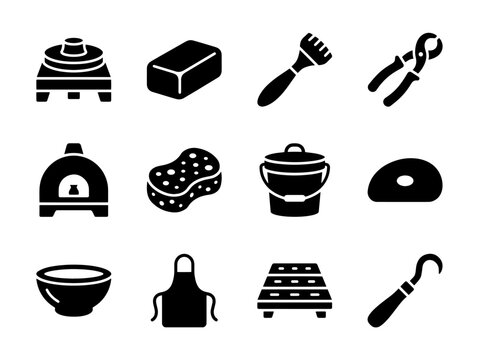 Black kitchen icons, cooking symbols, barbecue signs, grill elements, 12pcs vector set