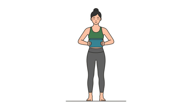 A woman in yoga attire performing a pose with a block held against her chest, demonstrating focus and balance