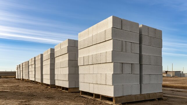Stacks of concrete blocks on pallets at a construction site