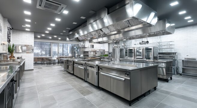 A large commercial kitchen with stainless steel appliances and countertops, well lit with modern cei