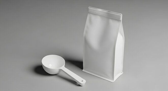 Still life composition plastic scoop and bag in monochrome a study of form and texture