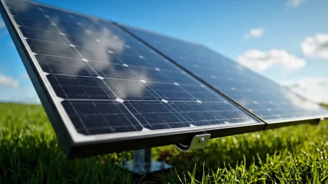 A premium cinematic orbit shot around a single modern photovoltaic panel installed in an open field, perfectly clean reflective surface capturing moving clouds and blue sky, shallow depth of field