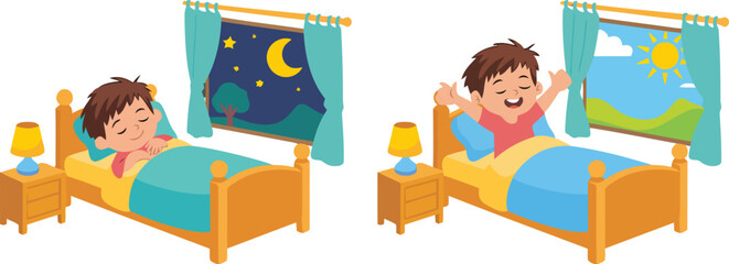 Child sleeping and waking up in bed vector illustration