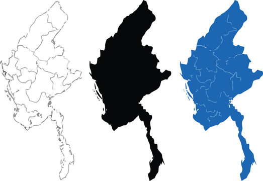 Myanmar country map outline silhouette set vector illustration