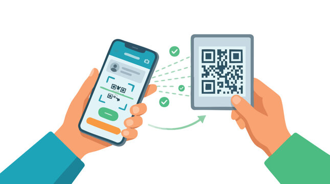 Hands holding smartphone and tablet scanning QR codes for digital verification and contactless payment transactions Isolated on white background