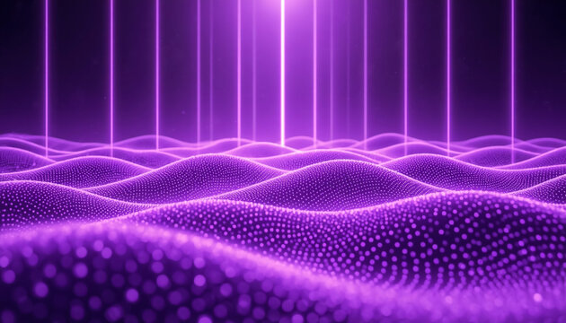Glowing purple digital waves with light beams, futuristic abstract background