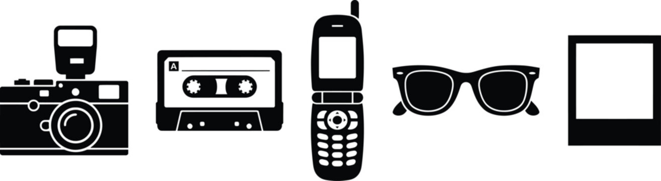 Black and white icons of old technology and accessories