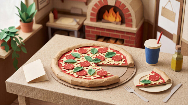 Felt Pizza Diorama in Cozy Pizzeria with Brick Oven and Slice on Plate, Whimsical Handcrafted Textile Food Art Miniature Scene