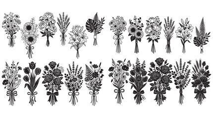 Fototapeta premium Vintage Black and White Floral Bouquet Icons and Decorative Flower Illustrations Set